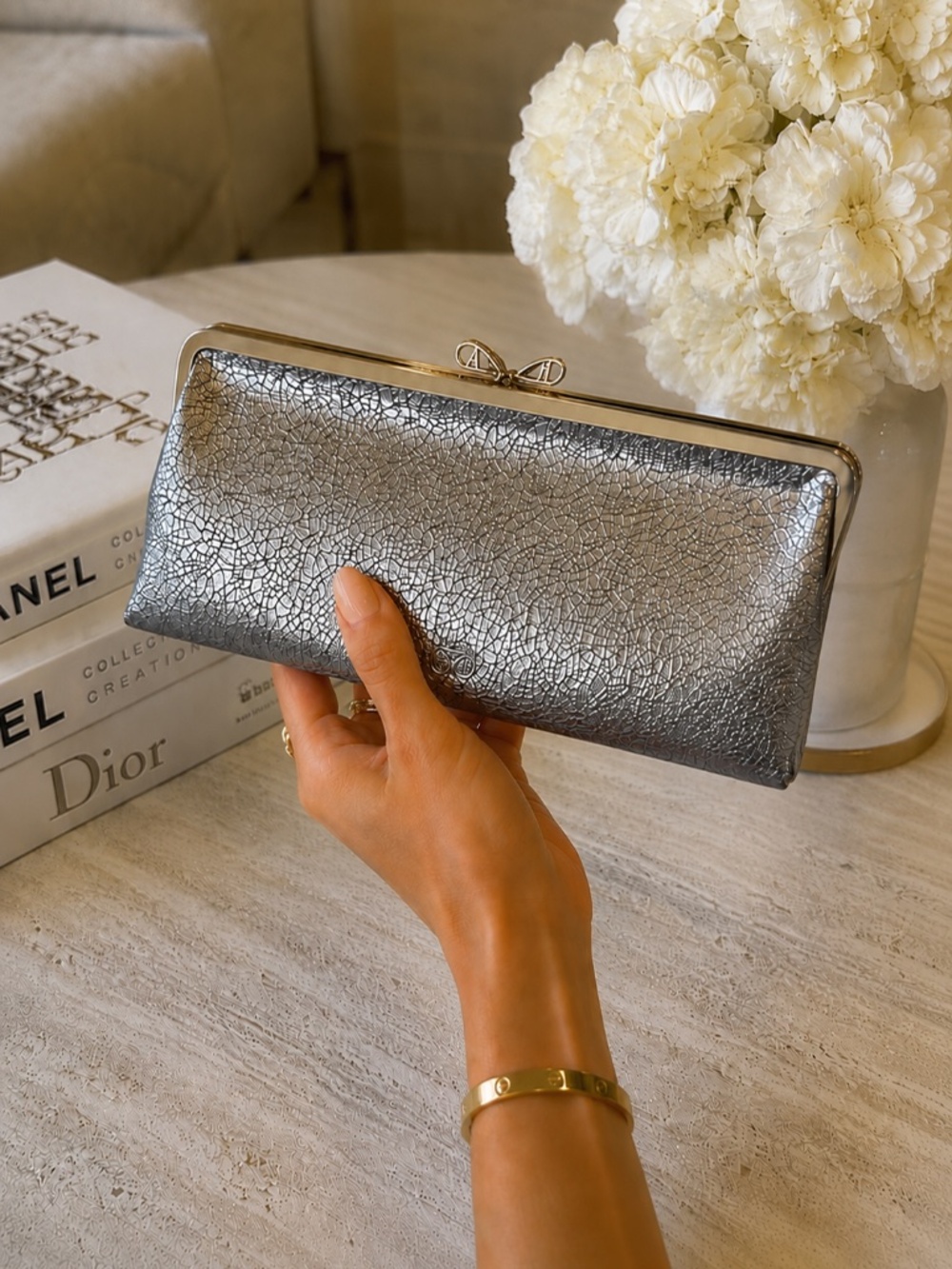 NWOT Anya Hindmarch Metallic Silver Crackled Leather Clutch Wallet Gold Frame